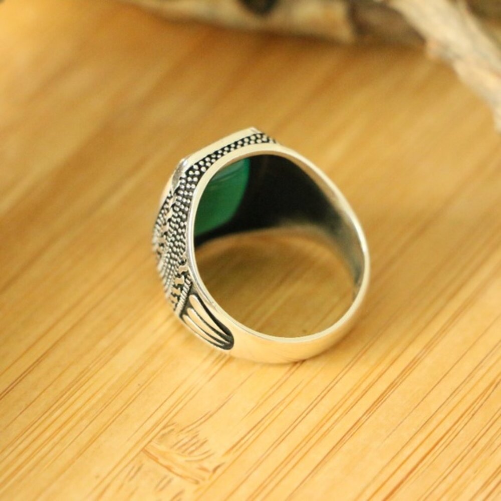 925 Sterling Silver Green Agate Stone Men's rings - Picture 6 of 6